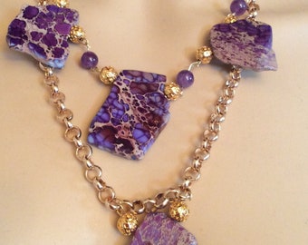 Natural stone necklace, amethyst necklace, gold plated chain and spacers