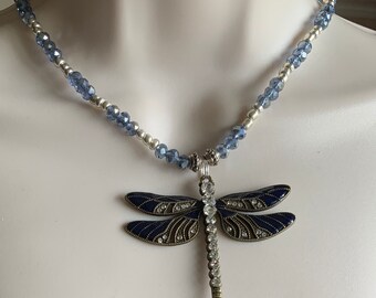 Blue dragonfly necklace, blue crystal necklace, silver crystal necklace, good luck necklace