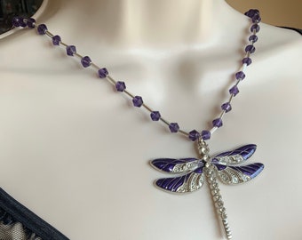 Dragonfly necklace,purple necklace pendant necklace,purple dragonfly necklace, purple glass beads necklace,silver glass beads necklace,