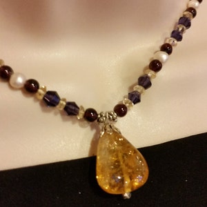 18&quot; necklace made with white pearls, Garnet, purple crystals, Citrine stone