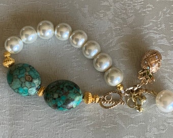 Turquoise bracelet, pearl bracelet, charm bracelet, pineapple charm, rhinestone charm, handmade bracelet