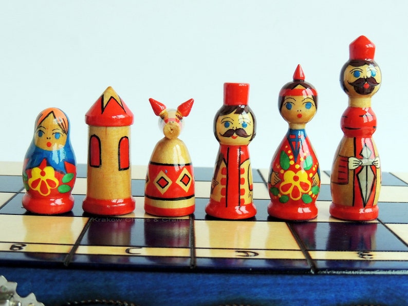 Hand Painted Polish Folk Art Wooden Chess set 3 colours to choose from