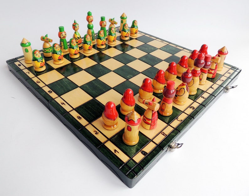 Hand Painted Polish Folk Art Wooden Chess set 3 colours to choose from