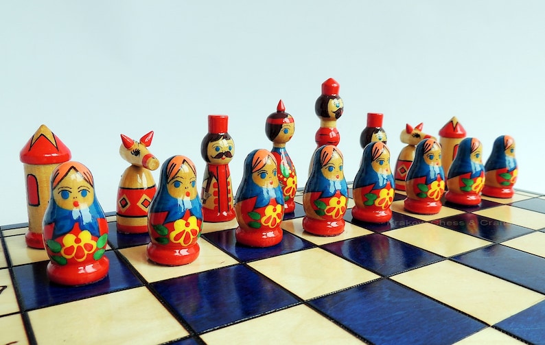 Hand Painted Polish Folk Art Wooden Chess set 3 colours to choose from