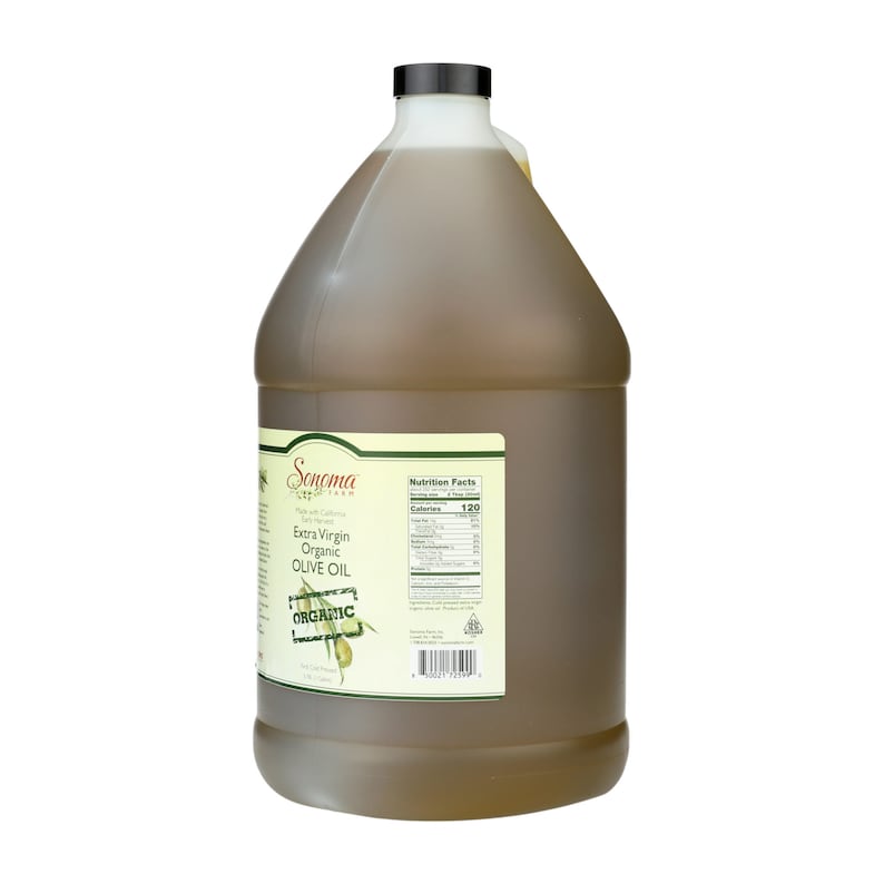 May include: A clear plastic gallon jug of Sonoma Olive Farm Extra Virgin Organic Olive Oil. The label is green and white with the words "Sonoma Olive Farm" and "Extra Virgin Organic Olive Oil" in black text. The label also includes a green olive branch graphic and the words "Organic" in a green circle.