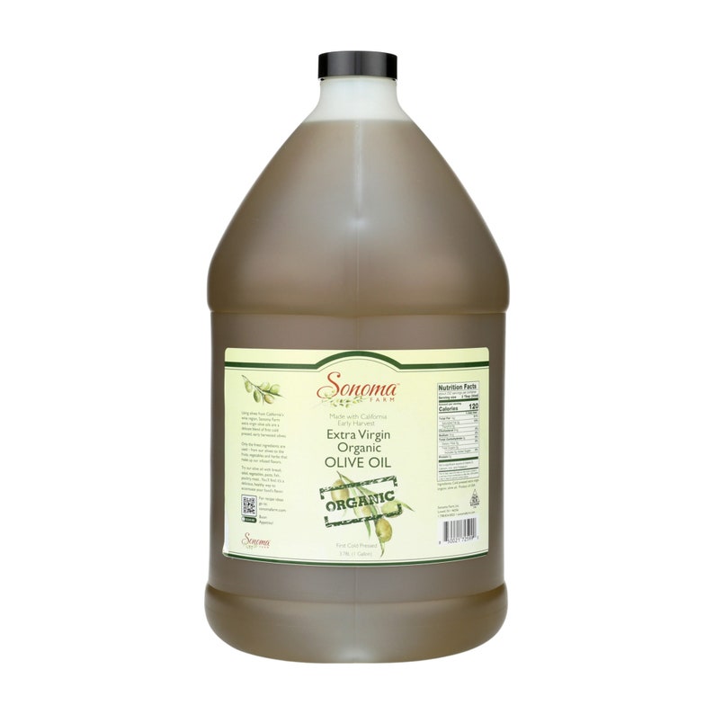 May include: A 1-gallon clear plastic jug of Sonoma Farm Extra Virgin Organic Olive Oil. The label is green and white with the words "Sonoma Farm" and "Extra Virgin Organic Olive Oil" in a brown script font. The label also includes a green and white illustration of olives and the word "ORGANIC" in a green box.