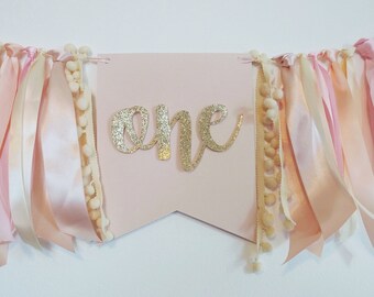 High Chair Banner Girl, First Birthday Girl Decor, Pink Gold 1st Birthday Sign, Blush Pink Party Decor, One Banner Girl, Rose Gold Pink