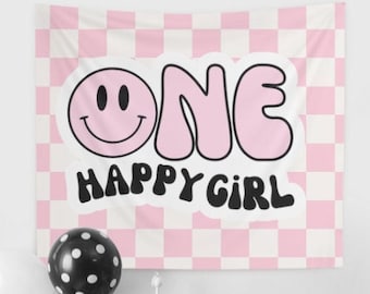 Pink One Happy Girl Backdrop, Pink Smiley Face Wall Hanging, One Happy Girl Wall Sign, One Happy Gal Ideas, First Birthday Girl Decor