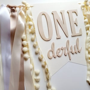 Gender Neutral ONE Banner, Cake Smash Banner, Neutral First Birthday, Onederful High Chair Sign, Ribbon Garland, White 1st Decor Girl