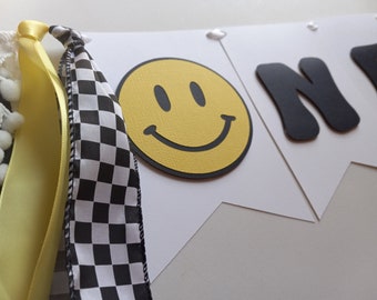 One Happy Dude High Chair Banner, Yellow And Black Smiley Face Banner, Checkered Birthday Decor, Two Cool Sign, One Groovy Dude First