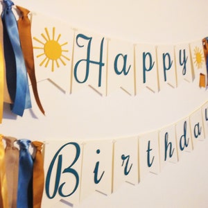Banner de feliz cumpleaños con temática de sol, letrero de feliz cumpleaños con temática de sol, guirnalda de feliz cumpleaños moderna con sol, feliz primer cumpleaños para bebé