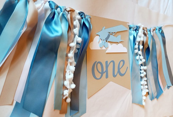 Vintage Airplane 1st Birthday Banner, "Time Flies" High Chair Decor