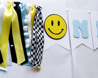 Blue And Yellow One Happy Dude Sign, Smiley Face Decor, One Rad Dude Tassel Garland, Cake Smash Boy Photo Props, First Birthday Boy Decor