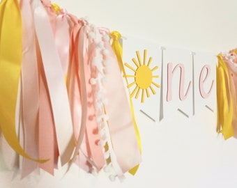 Pink And Yellow Sun Banner, You Are My Sunshine, High Chair Banner Girl, Boho Sun 1st Girl, One Sun Sign Girl, Baby Girl First Decor