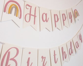 Boho Rainbow Happy Birthday Banner, Rainbow Theme Sign, Modern Rainbow 1st Birthday, Muted Colors Happy 1st Bday, Cake Smash Props For Girl