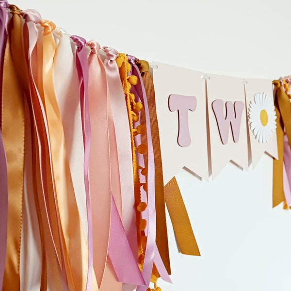 Two Groovy Banner, High Chair Banner Daisy, 2nd Birthday Girl Sign, Flower Birthday Garland, TWO Ribbon Bunting, Second Bday Girl