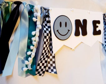 Blue One Happy Dude High Chair Banner, First Birthday Boy Decor, One Cool Dude Sign Blue, Checkered Birthday Decor, Custom Checkered Garland