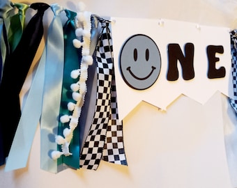 Blue One Happy Dude High Chair Banner, First Birthday Boy Decor, One Cool Dude Sign Blue, Checkered Birthday Decor, Custom Checkered Garland