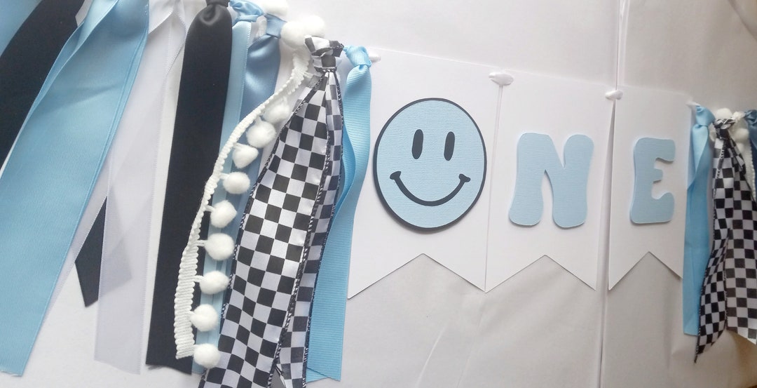 Blue One Happy Dude High Chair Banner, First Birthday Boy Decor, Blue ...