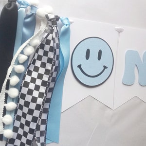 Blue One Happy Dude High Chair Banner, First Birthday Boy Decor, Blue Smiley Face Tassel, Checkered Birthday Decor, 1st Birthday Garland Boy