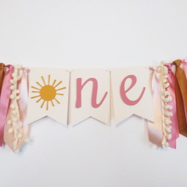 Boho Sun 1st Birthday High Chair Banner, Ribbon Garland