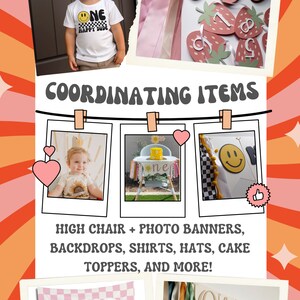 Puede incluir: Una colecci&oacute;n de decoraciones de fiesta coordinadas para un primer cumplea&ntilde;os. Las decoraciones incluyen una pancarta con la palabra "uno" en rosa y blanco, una pancarta para silla alta con la palabra "uno" en amarillo y rosa, una pancarta con las palabras "Oh Beb&eacute;" en verde y blanco, un tel&oacute;n de fondo a cuadros rosa y blanco con las palabras "One Happy Girl" en rosa, y una camiseta blanca con las palabras "One Happy Dude" en negro y amarillo.