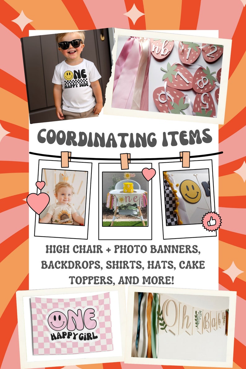 Puede incluir: Una colecci&oacute;n de decoraciones de fiesta coordinadas para un primer cumplea&ntilde;os. Las decoraciones incluyen una pancarta con la palabra "uno" en rosa y blanco, una pancarta para silla alta con la palabra "uno" en amarillo y rosa, una pancarta con las palabras "Oh Beb&eacute;" en verde y blanco, un tel&oacute;n de fondo a cuadros rosa y blanco con las palabras "One Happy Girl" en rosa, y una camiseta blanca con las palabras "One Happy Dude" en negro y amarillo.