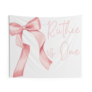 Pink Bow First Birthday Banner Backdrop, Blush Pink Girls 1st Birthday Sign, Coquette Birthday Decor, Preppy Birthday, Trendy Bow Birthday