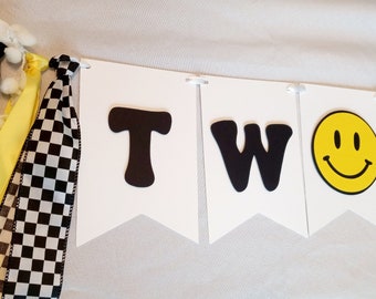 Two Cool High Chair Banner, Yellow Black Smiley Face Banner, Checkered Birthday Decor, Two Cool Sign, Two Groovy Banner, Second Bday Decor