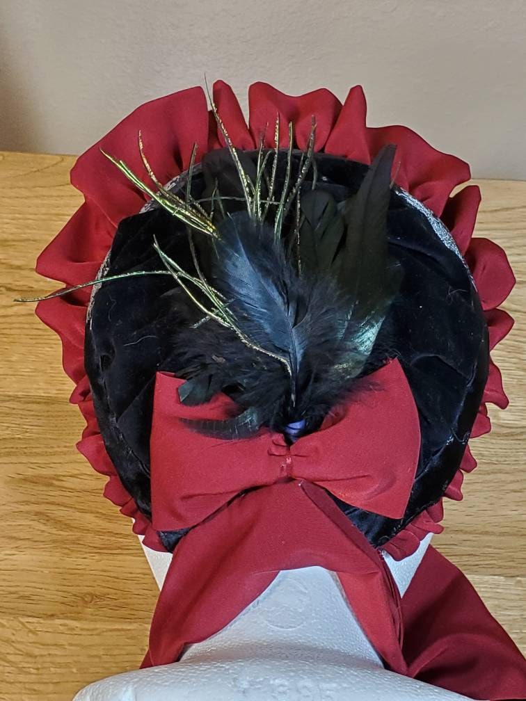 Black Velvet Victorian Steampunk Bonnet With Red Ruffle Trim  display picture 1