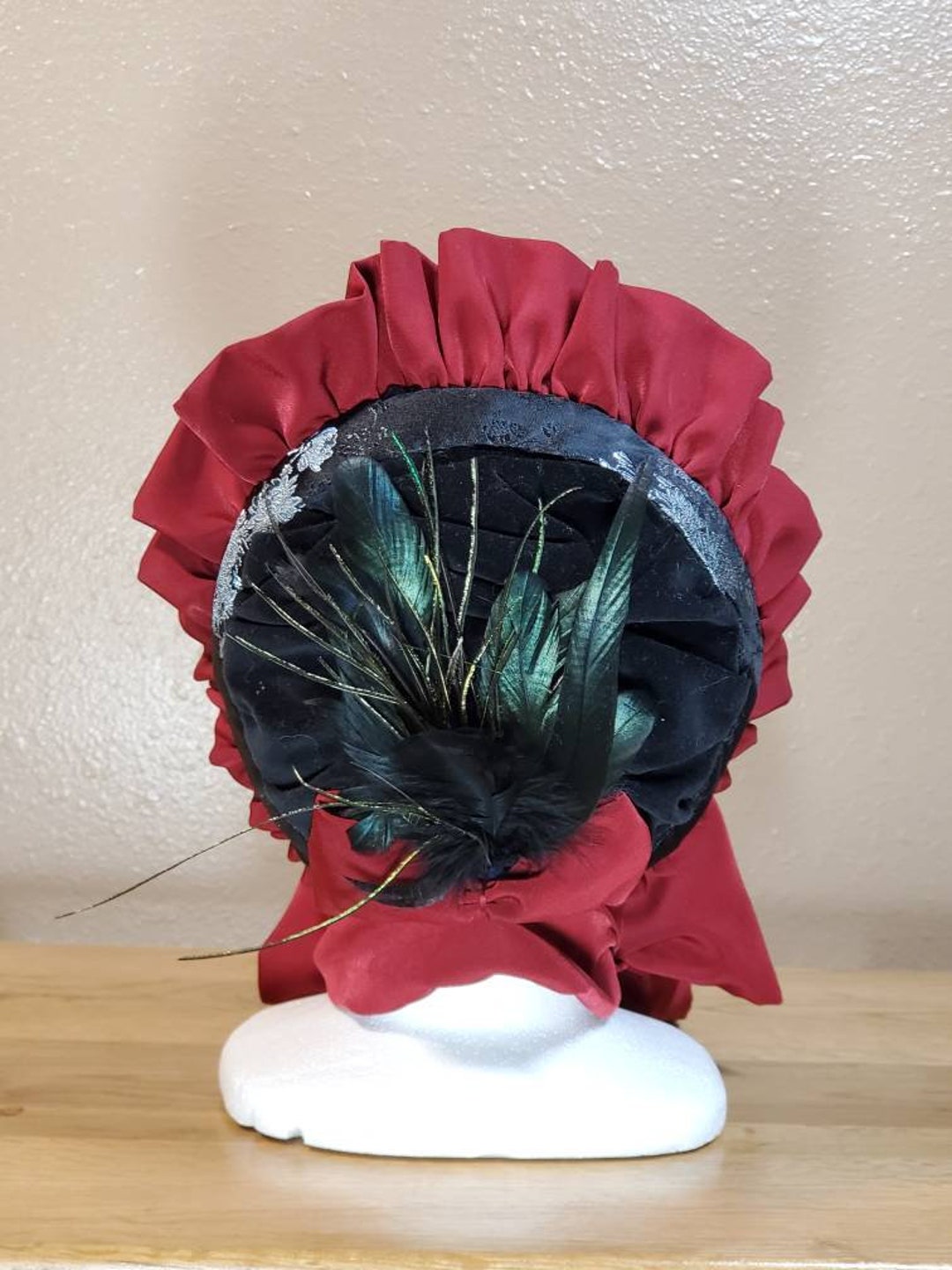 Black Velvet Victorian Steampunk Bonnet With Red Ruffle Trim 