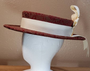 Burgundy and Brown Edwardian Steampunk Boater Hat w/ Creme Ribbon Accent