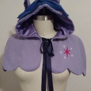 MLP Twilight Sparkle Inspired Fleece Lolita Adult Scalloped Edge Cape Hoodie w/ Colorful Mane Ears and Horn