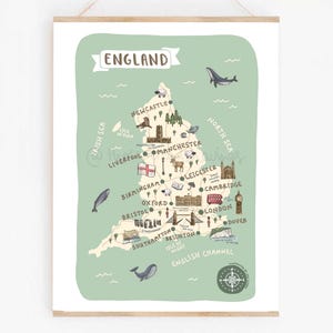 England Map Poster | Illustrated British Travel Print | Cute Landmarks Art & Souvenir Gift
