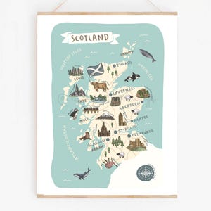 Schottland Karte Print | Illustrierte Schottische Wandkunst Poster | Niedliche Landschaften & Tiere | Reisegeschenk oder Souvenir