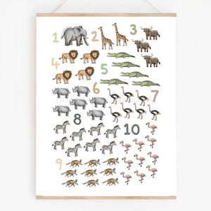 Safari Counting Poster | 1 to 10 Jungle Animal Nursery Wall Art | Printed Educational African Animals Decor for Kids Room or Classroom