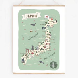 Japan Poster | Illustrierte Reise Wandkunst | Niedliche japanische Wahrzeichen & Tiere | Wanderlust Geschenk oder Souvenir Print