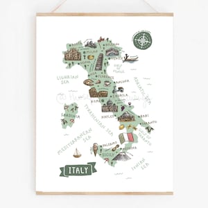 Italy Map Print | Illustrated Travel Poster Souvenir | Cute Europe Landmarks | Wanderlust Wall Decor | Italian Nursery Art