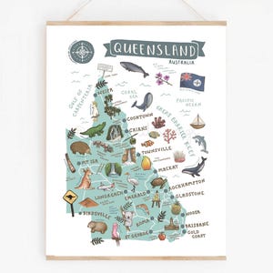 Queensland Karte Drucken | Illustrierte Australien Reise Poster | Niedliche QLD Wahrzeichen & Tiere | Wanderlust Wand Kunst oder Souvenir