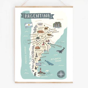 Impresión de mapa de Argentina / Póster de viaje ilustrado de recuerdo / Lugares y animales encantadores de Sudamérica / Decoración de pared para viajar / Arte infantil