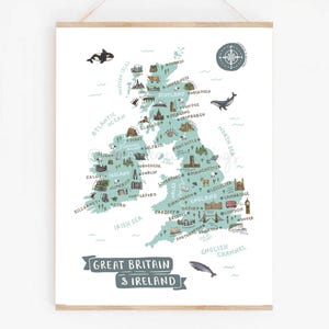 Great Britain and Ireland Map Print | Illustrated UK and Ireland Poster | Cute Landmarks & Animals | British Isles Travel Art