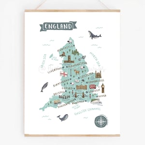 England Map Poster | Illustrated British Travel Print | Cute Landmarks Art & Souvenir Gift