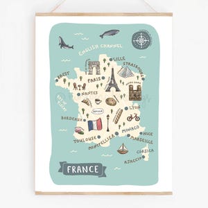 France Map Print: Illustrated Travel Poster, French Landmarks