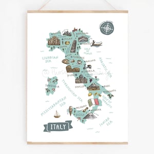 Italy Map Print | Illustrated Travel Poster Souvenir | Cute Europe Landmarks | Wanderlust Wall Decor | Italian Nursery Art