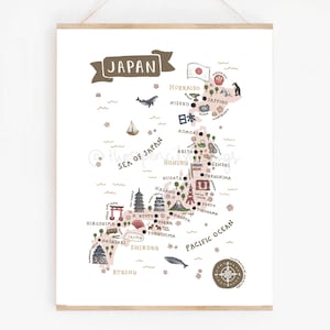 Japan Poster | Illustrierte Reise Wandkunst | Niedliche japanische Wahrzeichen & Tiere | Wanderlust Geschenk oder Souvenir Print