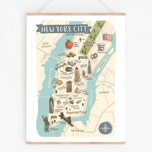 New York City Map Art Print | Illustrated NYC Travel Poster | Cute Landmarks & Souvenir Wall Art