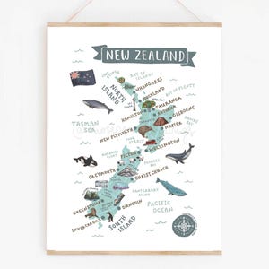 New Zealand Map Art Print | Illustrated Aotearoa Travel Poster | Cute Landmarks & NZ Souvenir Wall Art
