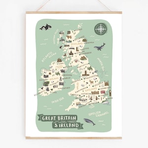 Great Britain and Ireland Map Print | Illustrated UK and Ireland Poster | Cute Landmarks & Animals | British Isles Travel Art