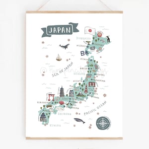 Japan Poster | Illustrierte Reise Wandkunst | Niedliche japanische Wahrzeichen & Tiere | Wanderlust Geschenk oder Souvenir Print