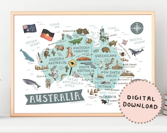 Map of Australia | Illustrated Australian Landmarks Print | Aussie Animals Nursery Bedroom Decor | Travel Map Poster | Digital Download